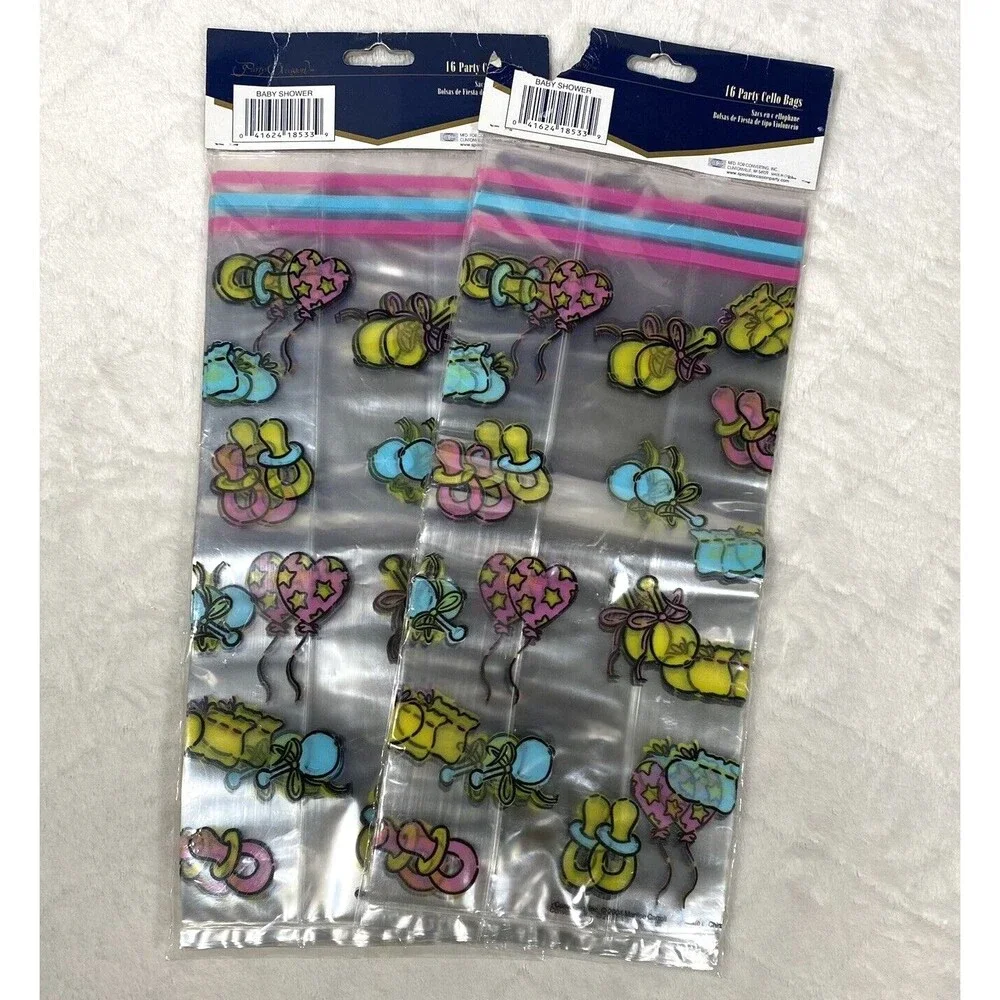 Vtg Unisex Baby Shower Cello Bags 2 Packs 32 Bags w/ Twist Ties Blue Pink Retro